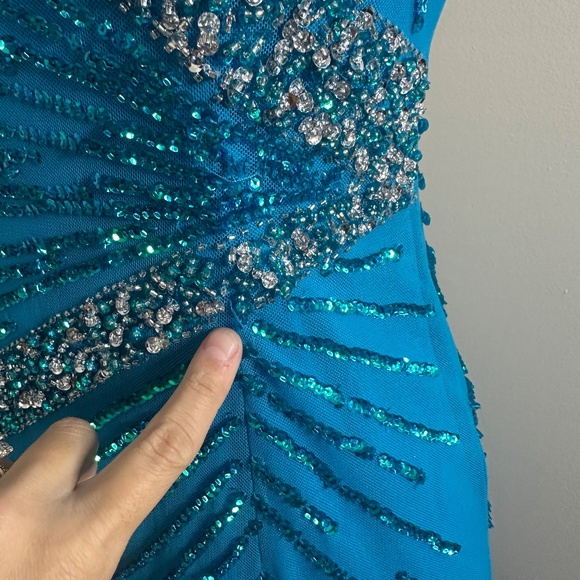Cecily Brown Sequin Beaded Fairycore Blue Strapless V Neck Formal Prom Dress - Picture 8 of 13